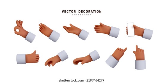 Hands set of realistic 3d design in cartoon style. Hand shows different gestures signs. Vector illustration