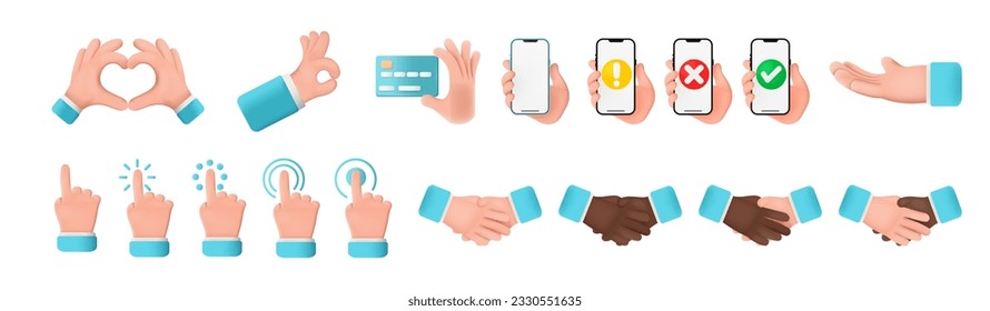 Hands set of realistic 3d design in cartoon style. Hand shows different gestures signs. Collection isolated on white background. Vector illustration