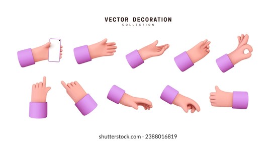 Hands set of realistic 3d design in cartoon style. Hand shows different gestures signs. Vector illustration