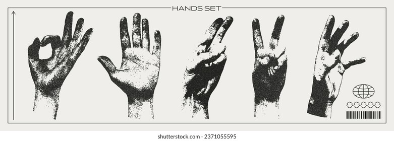 Hands set with a retro photocopy effect. Trendy y2k elements for design. Grain effect and stippling. Vector dots texture.	