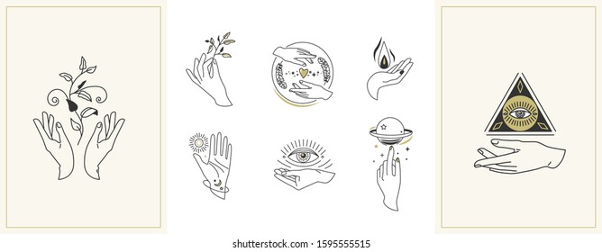 Hands set in simple flat esoteric boho style. Feminine hand logo collection with different symbol like space star planet, floral herb, moon and sun, heart love, eye, fire, drop. Vector illustration.
