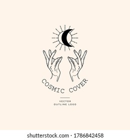 Hands set in simple flat esoteric boho style. Feminine hand logo collection with different symbol like space star planet, floral herb, moon and sun, heart love, eye, fire, drop. Vector illustration.