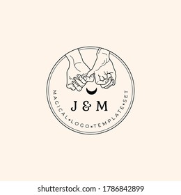 Hands set in simple flat esoteric boho style. Feminine hand logo collection with different symbol like space star planet, floral herb, moon and sun, heart love, eye, fire, drop. Vector illustration.