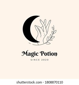 Hands set in simple flat esoteric boho style. Feminine hand logo collection with different symbol like space star planet, floral herb, moon and sun, heart love, eye, fire, drop. Vector illustration.