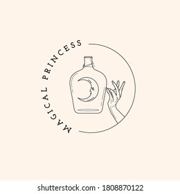 Hands set in simple flat esoteric boho style. Feminine hand logo collection with different symbol like space star planet, floral herb, moon and sun, heart love, eye, fire, drop. Vector illustration.