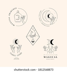 Hands set in simple flat esoteric boho style. Feminine hand logo collection with different symbol like space star planet, floral herb, moon and sun, heart love, eye, fire, drop. Vector illustration.