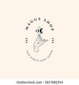Hands set in simple flat esoteric boho style. Feminine hand logo collection with different symbol like space star planet, floral herb, moon and sun, heart love, eye, fire, drop. Vector illustration.