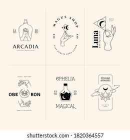 Hands set in simple flat esoteric boho style. Feminine hand logo collection with different symbol like space star planet, floral herb, moon and sun, heart love, eye, fire, drop. Vector illustration.
