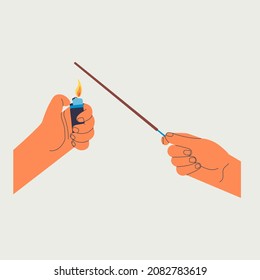 Las manos prenden fuego a un palo de incienso con un encendedor. Instrucciones paso a paso para los palos de incienso. Ilustración plana vectorial.
