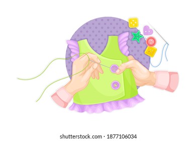 Botones de coser manos en textiles como ilustración de vectores artesanales
