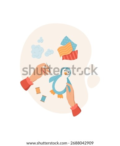 Hands sewing a cute penguin toy with colorful fabric pieces and sewing supplies. Craft activity for children in a DIY workshop, flat illustration style, ideal for creative projects and hands