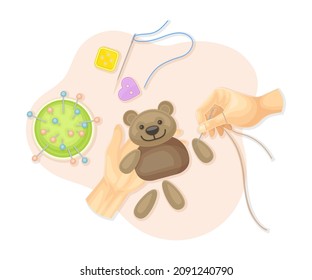 Hands sewing handmade childish toy. Top view of creative work process, hobby and craft concept vector illustratio