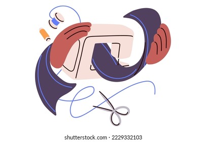 Hands at sewing machine during needlework with textile. Tailors work. Seamstress, dressmaker working with fabric, making clothes, fashion garment. Flat vector illustration isolated on white background