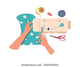 Hands sewing on machine vector illustration