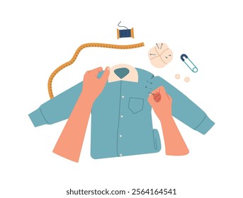 Hands sewing shirt with needle