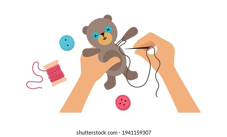 Hands sewing toy  Kids lab  workshop for children adults  Hand made bear  buttons   threads vector illustration