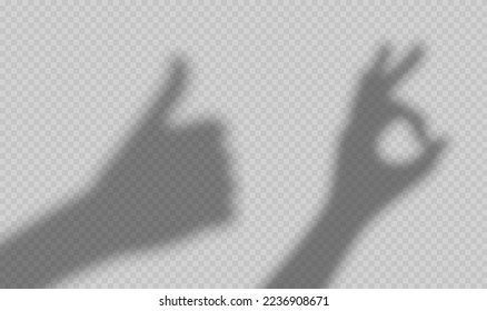 Hands shadows with thumb up and ok sign. Overlay effect of shade silhouettes of human hands show like, okey, approve gesture, vector realistic illustration isolated on transparent background