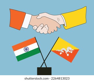 Hands shaken together with India and Bhutan flags crossed sign design. Concept of two countries friendship.