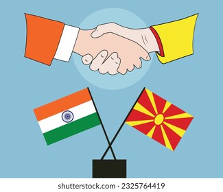 Hands shaken together with India and North Macedonia flags crossed sign design. Concept of two countries friendship.