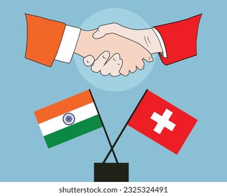 Hands shaken together with India and Switzerland flags crossed sign design. Concept of two countries friendship.