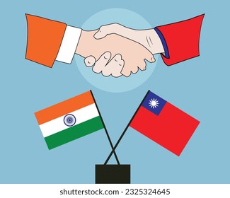 Hands shaken together with India and Taiwan flags crossed sign design. Concept of two countries friendship.