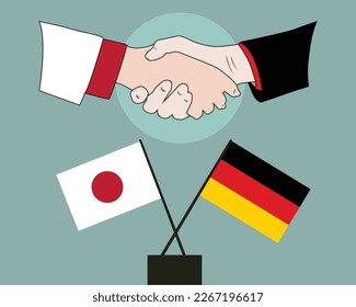 Hands shaken together with Japan and Germany flags crossed sign design. Concept of two countries friendship.