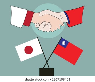 Hands shaken together with Japan and Taiwan flags crossed sign design. Concept of two countries friendship