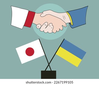 Hands shaken together with Japan and Ukraine flags crossed sign design. Concept of two countries friendship.