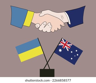 Hands shaken together with Ukraine and Australia flags crossed sign design. Concept of two countries friendship.