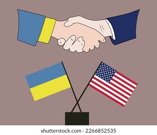 Hands shaken together with Ukraine and USA flags crossed sign design. Concept of two countries friendship.