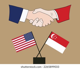 Hands shaken together with Usa and Singapore flags crossed sign design. Concept of two countries friendship.