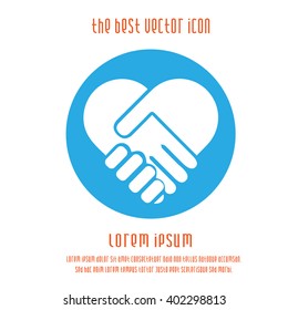 Hands shaking forming heart simple isolated vector icon. Handshake agreement love blue white round logo symbol.