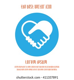 Hands shaking forming heart simple isolated vector icon. Handshake agreement love blue white round logo symbol.