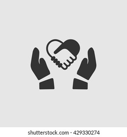 Hands shaking forming heart vector isolated icon. Handshake forming heart in hands. Care symbol. Love symbol.