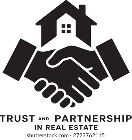 Mãos tremendo na frente de uma casa simbolizam confiança e parceria em imóveis com um design de logotipo simples, mas eficaz, transmitindo cooperação e acordo.