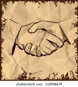 Hands shaking icon isolated on vintage background. Hand drawing sketch vector illustration