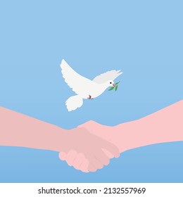hands shaking next to a flying dove with laurel in its mouth on a light blue background