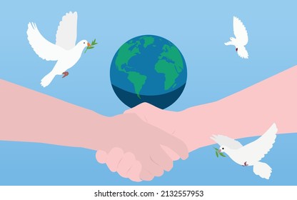 hands shaking next to the planet earth while doves with laurel in their mouths fly on a celestial background