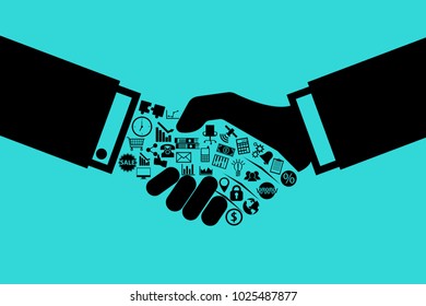 Hands shaking one is of person and one is of robot hand with different icons on turquoise background. People and technology together concept. Eps vector illustration