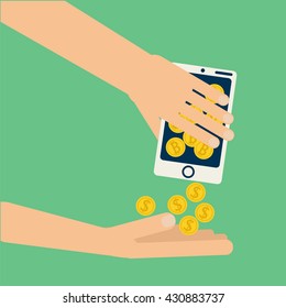Hands shaking smartphone with bitcoin collecting dollar coins. Vector concept illustration on virtual money, digital wallet, online business,exchange,  mobile  electronic wallet, banking in flat style