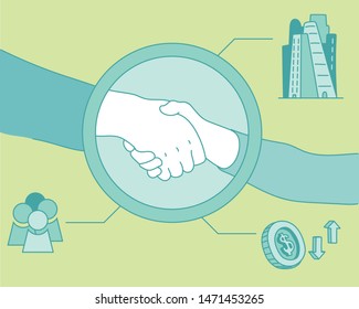 Hands shaking hands and surrounding business icons. hand drawn style vector design illustrations. 