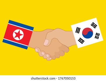 There’re hands shaking together. The left is North Korea and the right is South Korea. Concept about their relationship, agreements, partnerships, country, political and etc.