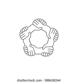 Hands shaking hands in a written in a Pentagon shape, symbol logo for business. Team interaction, a black and white icon