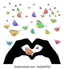 Hands in the shape of a heart and a butterfly. Concept of love. Illustration for your design.