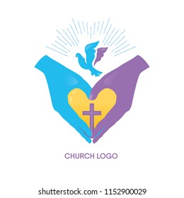 Hands in the shape of a heart, a cross and a dove. Church logo