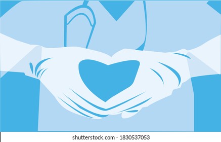 Hands in the shape of a heart. Human hands in medic latex gloves show a vector illustration of the heart symbol. Isolated on a white background. Motivated the gesture of the hands with background blue