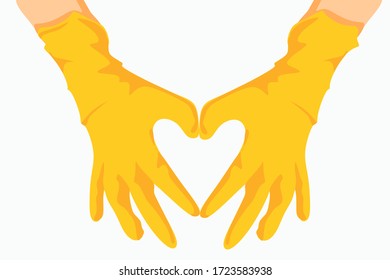 Hands in the shape of a heart. Human hands in yellow latex gloves show a vector illustration of the heart symbol. Isolated on a white background. Motivated the gesture of the hands