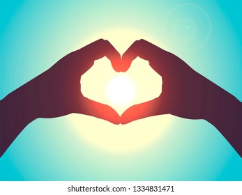 Hands in the shape of a heart on the blue sky. Realistic vector illustration. Concept for feelings and wedding design. Hands joined together around the sun. Symbol of love, tolerance and romance. 