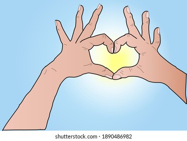 hands in the shape of a heart on a blue sky background