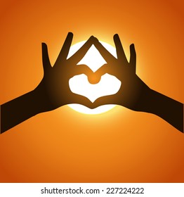 Hands in a shape of heart in a sunlight vector